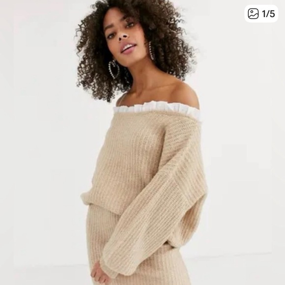 Never Fully Dressed Sweaters - Off-Shoulder Beige Sweater